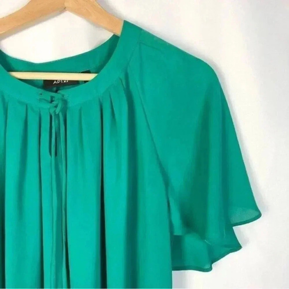 Apt. 9 Green Short Ruffle Sleeve Tie Neck Blouse S - Picture 3 of 4